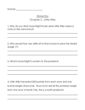 Preview of Stone Fox (chapters 1-4) comprehension questions