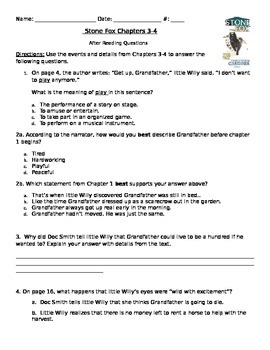 Stone Fox chapters 3-4 PARCC like Assessment COMMON CORE STATE STANDARDS