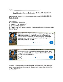 Preview of Stop Disasters! Game-Worksheet for Earthquake