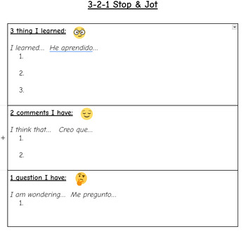 Preview of Stop & Jot Graphic Organizer English & Spanish