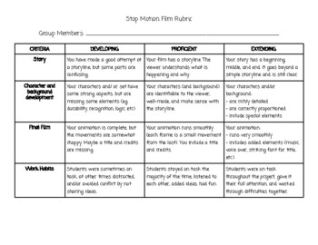 Preview of Stop Motion Film Rubric