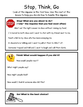 Preview of Stop, Think, Go Worksheet for Impulse Control