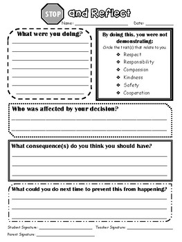 Stop and Reflect Behavior Reflection Sheet by Happily Ever After in 4th