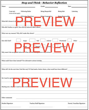 Preview of Stop and Think - Behavior Reflection Sheet