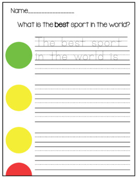Preview of Stoplight Opinion Writing - Topic & Reason Sentences BEST SPORT IN THE WORLD