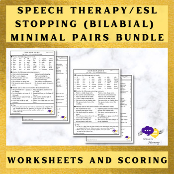 Preview of Stopping (Bilabial) Worksheet BUNDLE (Adult Speech Therapy - ESL)