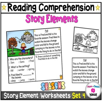 Preview of Kindergarten Story Element Reading Comprehension Worksheets (Set 4 Seasons)