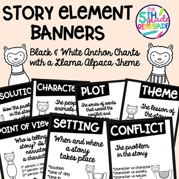Story Elements Banners Black & White for Easy Printing Llama Alpaca Theme