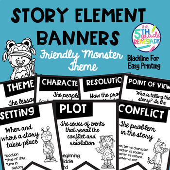 Story Elements Banners with Friendly Monster Theme ~Black & White~ Easy ...