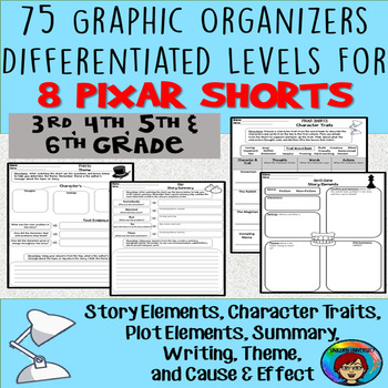 Preview of Story Elements, Character Traits, Theme, Graphic Organizers for Pixar Shorts