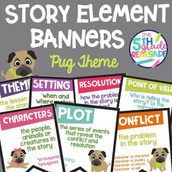 Story Elements Colored Banners Posters with a Pug Dog Theme | TPT