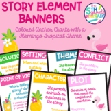 Story Elements Colored Banners with a Flamingo Tropical Theme
