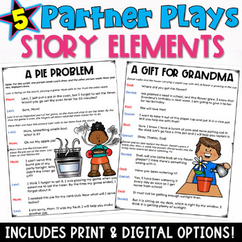 Preview of Story Elements Practice: 5 Partner Play Scripts & Comprehension Check Worksheet
