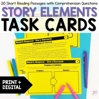 Preview of Story Elements Task Cards - Short Reading Passages + Graphic Organizers