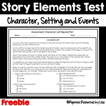 Preview of Story Elements Test Freebie | Characters, Setting and Events
