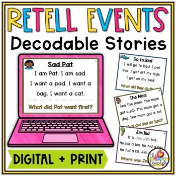 Preview of Story Retell Decodable Readers Sequencing Events Task Cards with Short Vowels