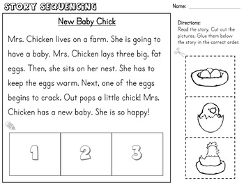 Story Sequencing Cut & Glue Worksheets with Reading Passages for First