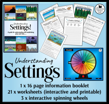 Preview of Story Settings Writing Bundle - Worksheets, Setting Wheels and Information Guide