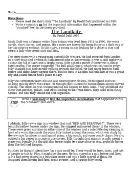 Preview of Story Story:  "The Landlady" Roald Dahl Modified Reading Level 3.8 w/ Questions