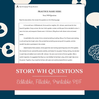 Preview of Story WH Questions Worksheet for Speech Therapy (Printable PDF)