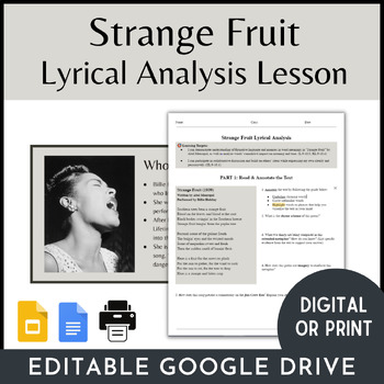 Preview of Strange Fruit Lyrical Analysis | Protest Music & Jim Crow EDITABLE Google Drive