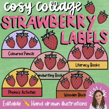 Preview of Strawberry Classroom and Name Labels | EDITABLE | 2024 Cosy Cottage Theme