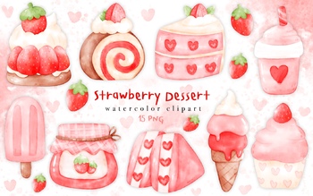 Preview of Strawberry Dessert Sweets and Cat Watercolor Clipart