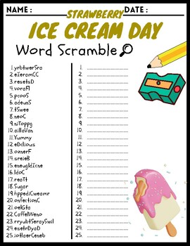 Strawberry Ice Cream Day Word Scramble Puzzle Worksheets Activities