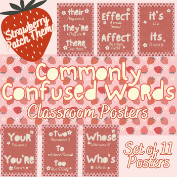 Preview of Strawberry Patch Classroom Theme: Mastering Commonly Confused Words Posters Set