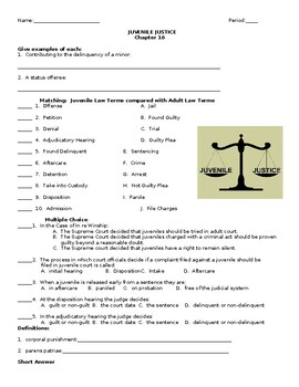 Preview of Street Law: Glencoe Chapter Sixteen 16 Juvenile Justice Quiz/Test Assessment