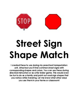Preview of Street Sign Shape Match/Preschool Toddler Transportation Game