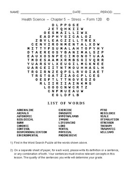 Preview of Stress - HS and MS Health Science and PE - Word Search Worksheet - Form 12