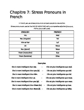 Preview of Stress Pronouns in French with Comparative Adjectives: Handout