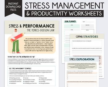 Preview of Stress management worksheets, productivity worksheets, Stress performance curve