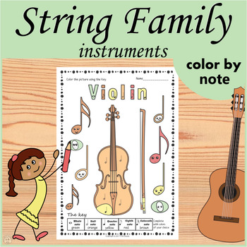 Preview of String Family Instruments Music Coloring by Note Worksheets | Music Sub Plans