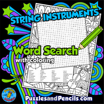 Preview of String Instruments Word Search Puzzle with Coloring | Music Wordsearch