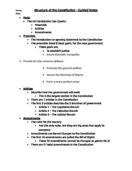 Preview of Parts of the Constitution - Guided Notes