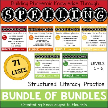 Preview of Structured Literacy Spelling Bundle Levels 1 - 6   CLOSED, V-E, Open & -LE