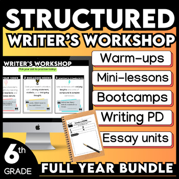 Preview of 6th Grade Writer's Workshop FULL YEAR Warmups, Prompts, Essays, CER, PD Videos
