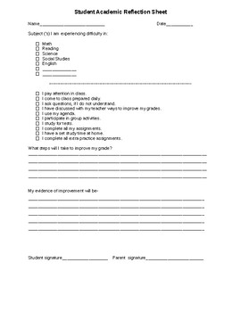 Student Academic Reflection Sheet by sonya whitfield | TpT