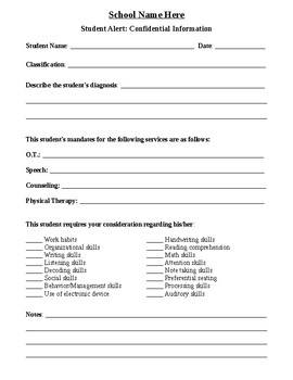 Preview of Student Alert Sheet