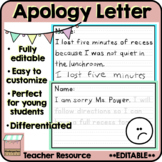 Student Apology Letter and Behavior Reflection | Editable