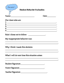 Student Behavior Evaluation/Student Reflection - Classroom Management Form