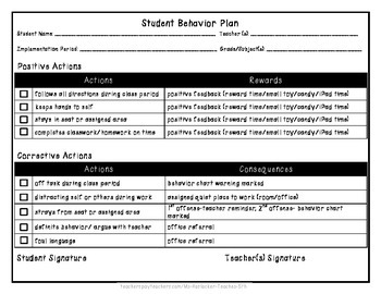 Preview of Student Behavior Plan (Actions/Rewards and Actions/Consequences Format)