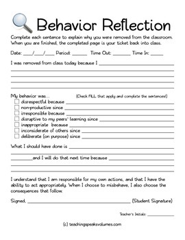 Preview of Student Behavior Reflection Form
