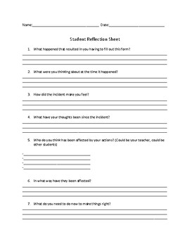 Preview of Student Behavior Reflection Sheet