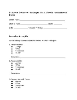 Preview of Student Behavior Strengths and Needs Assessment Form Template (Modifiable)