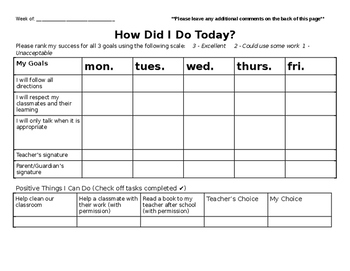 Preview of "How Did I Do Today?" Daily/Weekly Student Behavior Tracker w/ Teacher Choice