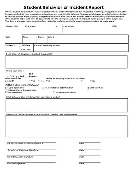 Preview of Student Behavior or Incident Report (Editable and fillable resource)