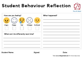 Preview of Student Behaviour Reflection Sheet for PE - The PE Shed - Free